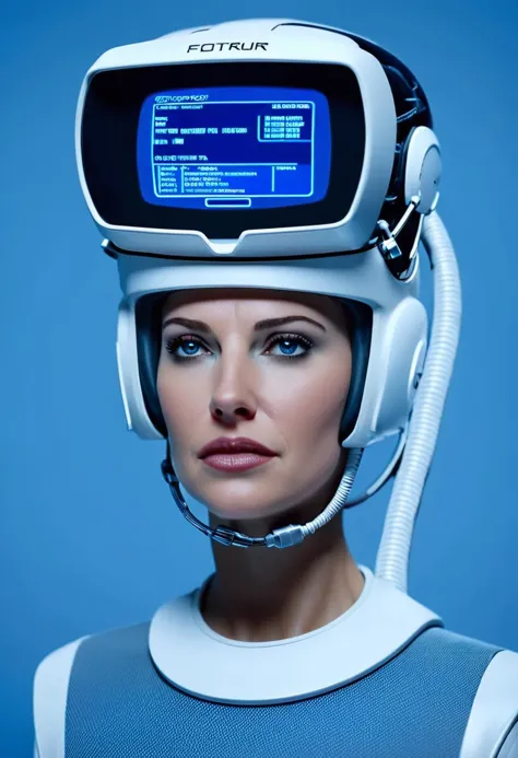 cinematic film still a woman wearing a helmet with a monitor on her head , solo, simple background, english text, lips, blue background, portrait, science fiction, realistic, cable, astronaut, shallow depth of field, vignette, highly detailed, high budget Hollywood film, cinemascope, moody, epic, gorgeous, 