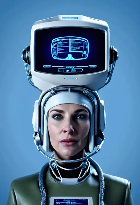 a close up of a woman wearing a helmet with a monitor on her head