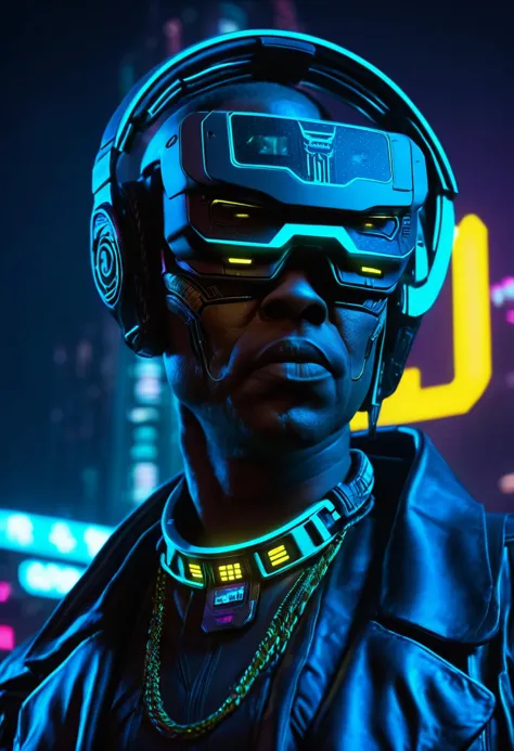 cinematic film still cyberpunk, concept art, Mustard background, cyborg Youssou, big headset, background is night city, neon-lit, Environmentalist, Smartwatch, Collar, Relaxed, moody lighting, high tech, horror, neon hue, shadowrun, shallow depth of field, vignette, highly detailed, high budget Hollywood film, cinemascope, moody, epic, gorgeous, 