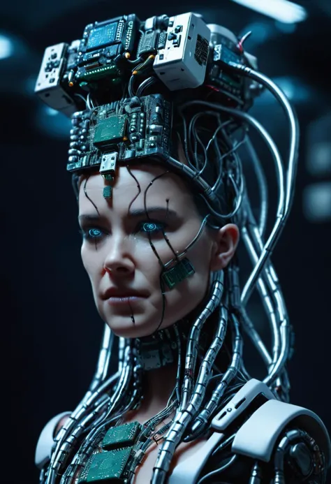 cinematic film still a woman with a head made of electronics , solo, science fiction, realistic, cable, cyberpunk, shallow depth of field, vignette, highly detailed, high budget Hollywood film, cinemascope, moody, epic, gorgeous, 