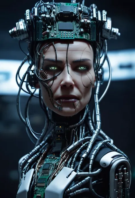 a close up of a woman with a robot head and wires on her head