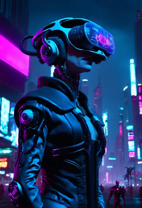 cinematic film still cyberpunk, by Ray Caesar, concept art, cyborg Guy, big headset, background is night city, neon-lit, surrealism, digital painting, dreamlike and haunting imagery, psychological depth, dream, technology, science fiction, neon hue, shadowrun, shallow depth of field, vignette, highly detailed, high budget Hollywood film, cinemascope, moody, epic, gorgeous, 