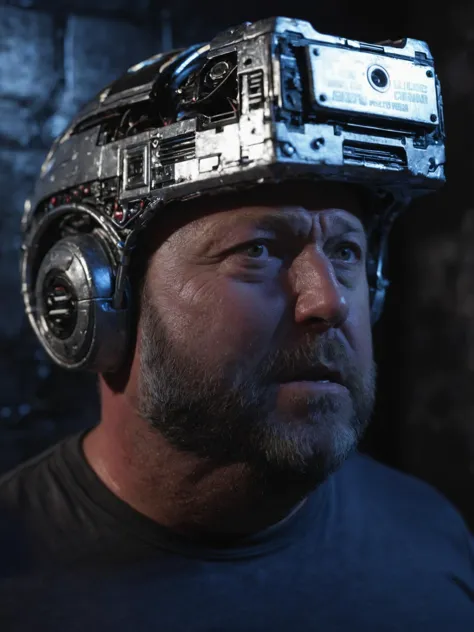 a close up of a man wearing a helmet with a camera on it