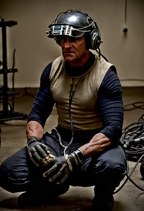 cinematic film still a man wearing a helmet and holding a device , solo, shirt, gloves, 1boy, sitting, male focus, black gloves, pants, fingerless gloves, headphones, squatting, cable, shallow depth of field, vignette, highly detailed, high budget Hollywood film, cinemascope, moody, epic, gorgeous, 