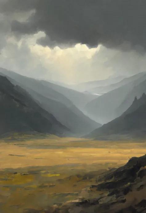 score_9, score_8_up, score_7_up, score_6_up
a painterly illustration of a giant valley, bad weather, gloomy, grey sky, golden su...