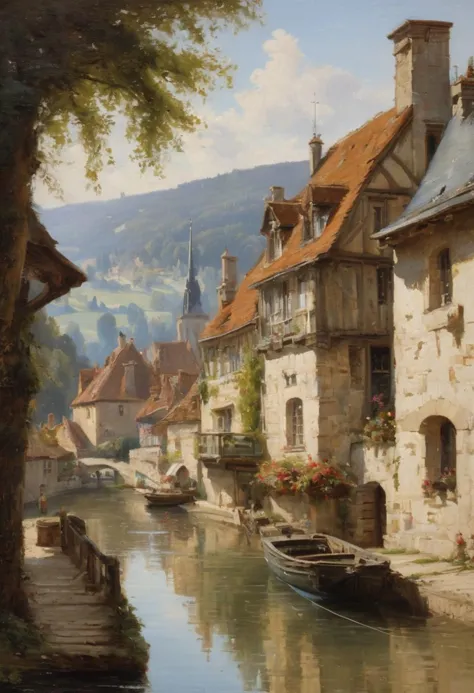 picturesque and romantic, oil painting in the style of henryk siemiradzki capturing a french village (clamecy, la maison du tiss...