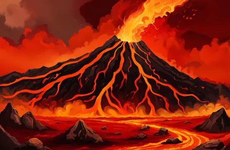 a painting of a volcano with lava and lava on top