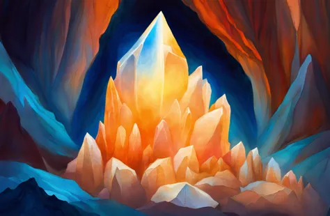 a beautiful spectral render of a quartz crystal in a cave, closeup, orange to blue gradient, painterly illustration, vivid fantasy colors, digital art