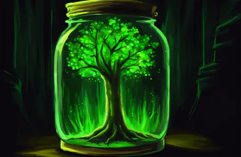 painting of a glowing tree in a jar