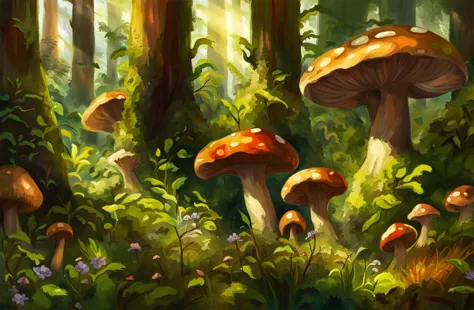 painting of a forest with mushrooms and other plants in the foreground