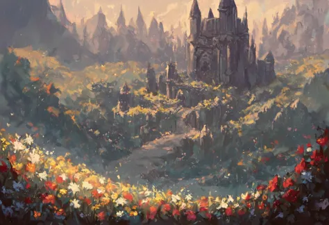 core_9, score_8_up, score_7_up, source_anime, digital art, dark theme, dark fantasy, cinematic film shot, standing in field full of flowers, landscape background, castle, knight in armor