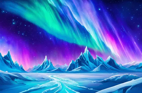 a painting of a mountain range with a aurora bore in the sky