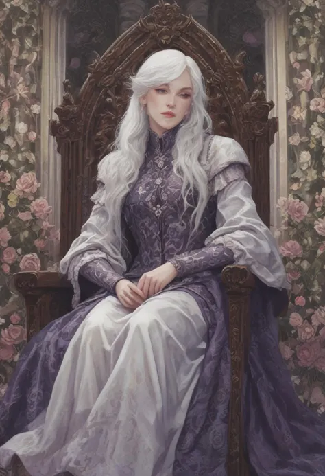 castlevania lightning, Sindel, Edenia, Wooden throne, castle, indoors, victorian, Ayami Kojima, White hair, Silver hair, Multicolored hair, queen, soft, smile, flowers, purple dress, high detail, detailed, 3/4 view, looking at viewer, portrait