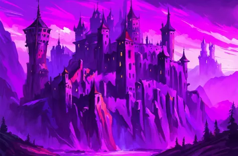 a purple castle with a mountain in the background