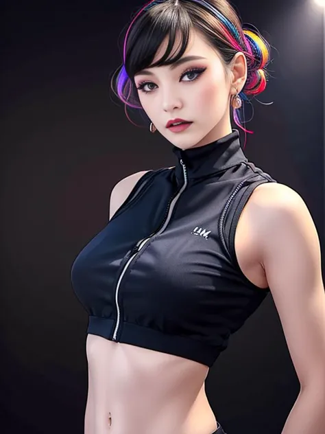 a close up of a woman with a black top and a colorful hair