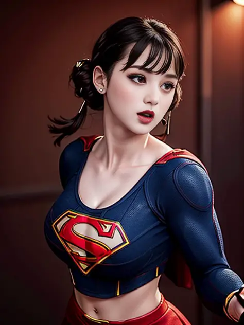 A beautiful girl,masterpiece, best quality,masterpiece, (photorealistic:1.4), best quality, beautiful lighting,Supergirl, (Supergirl:1.3), bangs, black background, black jacket, black shirt, black shorts, blunt bangs, breasts, cleavage cutout, clothing cutout, crop top, eyeshadow,gradient hair, hair rings, jacket,  looking at viewer, makeup, multicolored hair, navel, open mouth, red eyeshadow, small breasts, RAW photo, 8k uhd, film grain