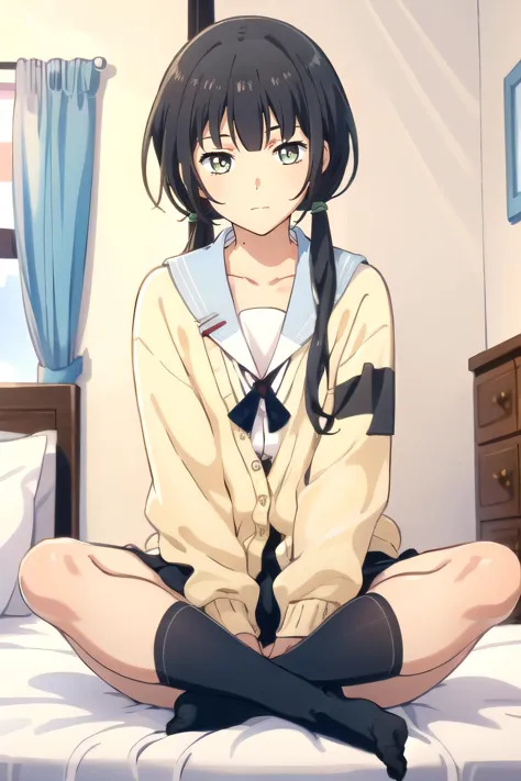 anime girl sitting on a bed with her legs crossed