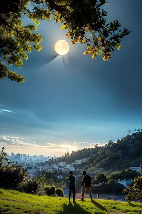 gfsqm, tree, scenery, Colombian mountain,silhouette,branch,moon, tree, 2boys, sky, multiple boys, full moon, cityscape, city, br...