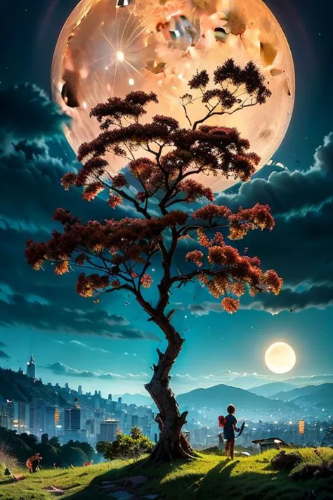 gfsqm, tree, scenery, Colombian mountain,silhouette,branch,moon, tree, 2boys, sky, multiple boys, full moon, cityscape, city, br...