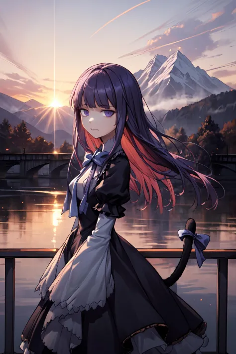 (masterpiece),best quality, <lora:Bernkastel:0.8>, frederica bernkastel, dress, purple hair, bowtie, tail bow,tail ornament, cat tail,blank eyes, inexpressive face, on a bridge, close, outside, french castle far away, lake, persistent stare, mountains, red...