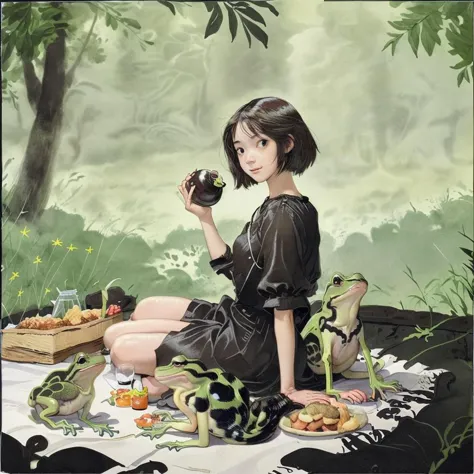 anime girl sitting on a blanket with a glass of wine