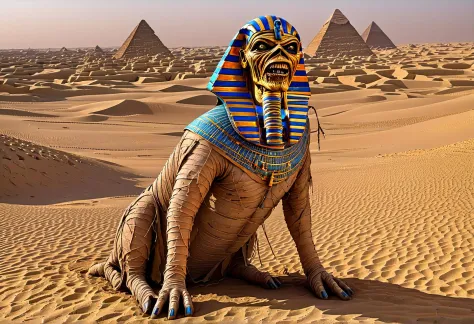 Horror Films rotten horse in (eddie:1.5) style, looking like a mummy, in egypt, pyramids,  hyper detailed, highly intricate,,,, Horror Films, often for scares, monsters, or psychological terror.