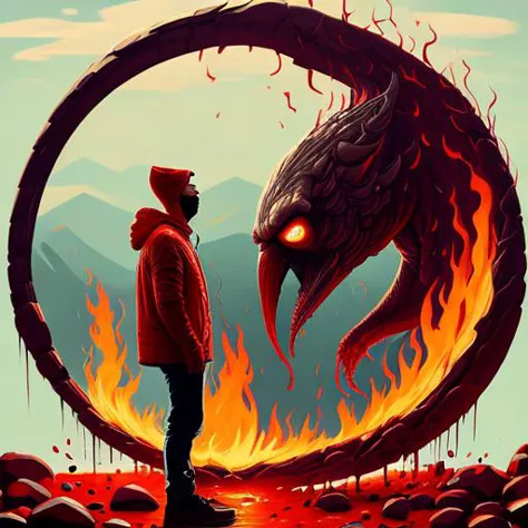 a man standing in front of a fire circle with a giant dragon