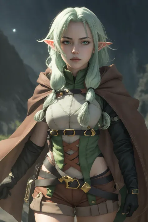 a woman with green hair and a cape is standing in the desert