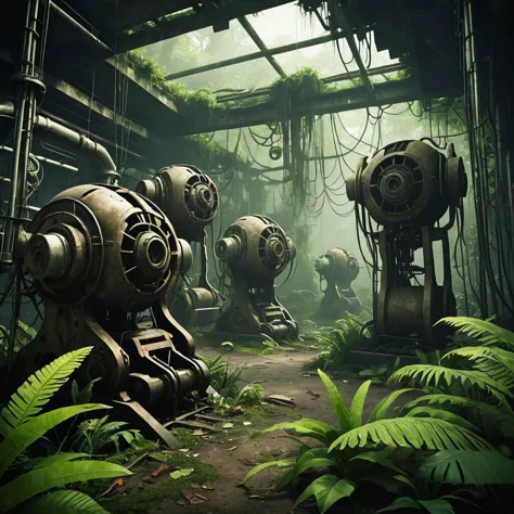 (jungle:1.5) a group of derelict (biomechanical machines:1.3) (barren:1.3)