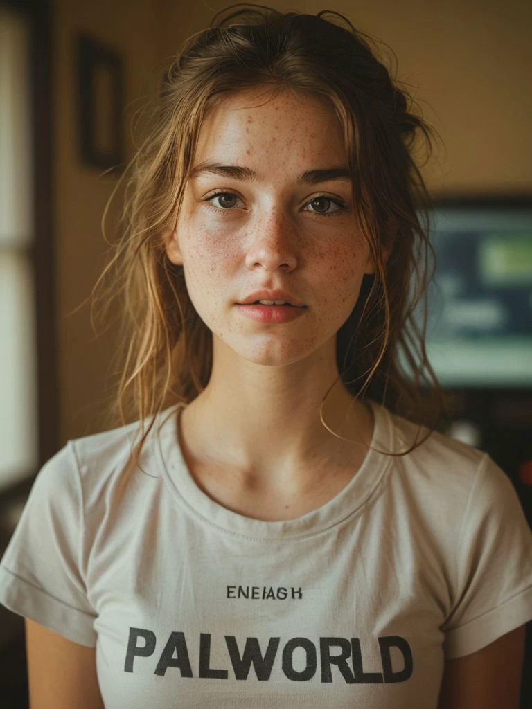 award winning photo, 1girl wearing a shirt that says "PALWORLD" beautiful, perfect face,( film grain:0.2), charming,  gaming pc, (freckles:0.1), looking excited, upper body
 