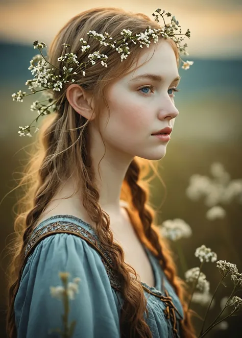 a woman with long hair wearing a flower crown in a field