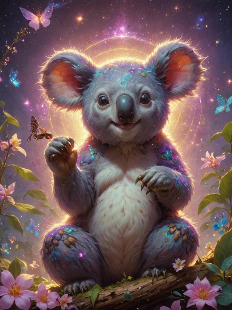 mystical, koala, In a secret enclave, a garden of enchantment beckons, its delicate blooms radiating a sense of magic, Creating halos around light sources  Contained Color derv-etmgc