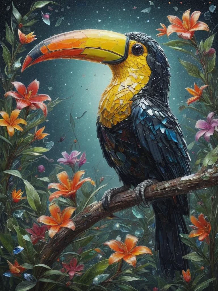 phantasmal, toucan, Within a celestial haven, a garden of stardust blooms, its shimmering flowers imbued with cosmic magic, Reflecting off surfaces  ais-bkglass