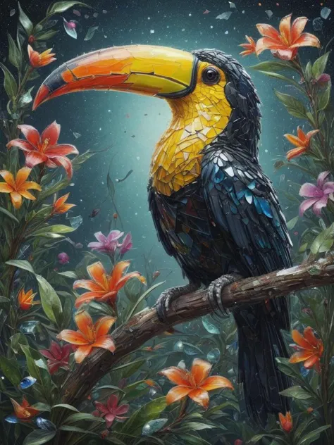 phantasmal, toucan, Within a celestial haven, a garden of stardust blooms, its shimmering flowers imbued with cosmic magic, Refl...