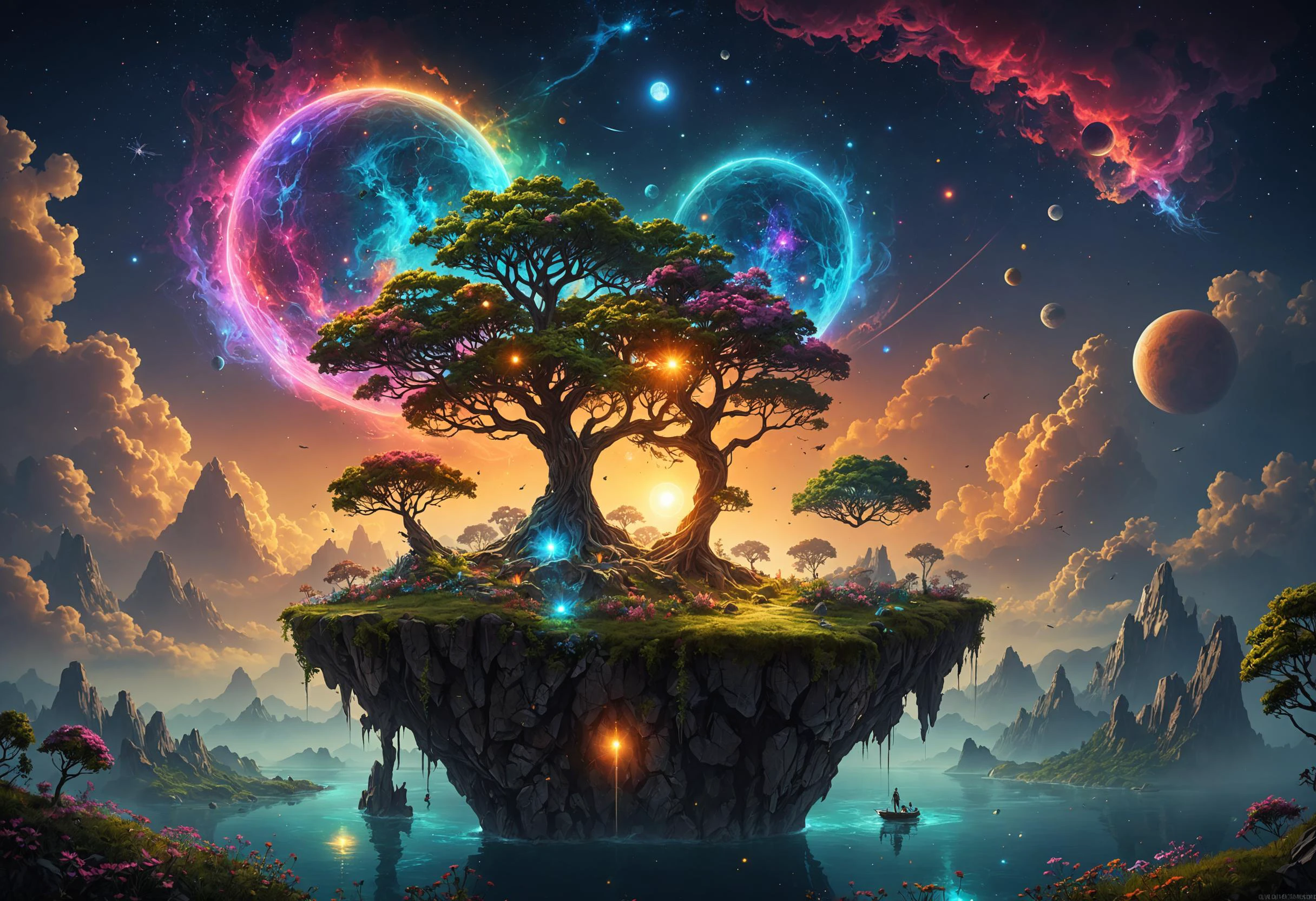 fantasy world, Mythical Nightscapes, glowing flora, night time, colorful flora and fauna, floating  island tree in the sky, multiple planet beyond the horizon

