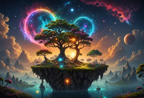 fantasy world, Mythical Nightscapes, glowing flora, night time, colorful flora and fauna, floating  island tree in the sky, mult...