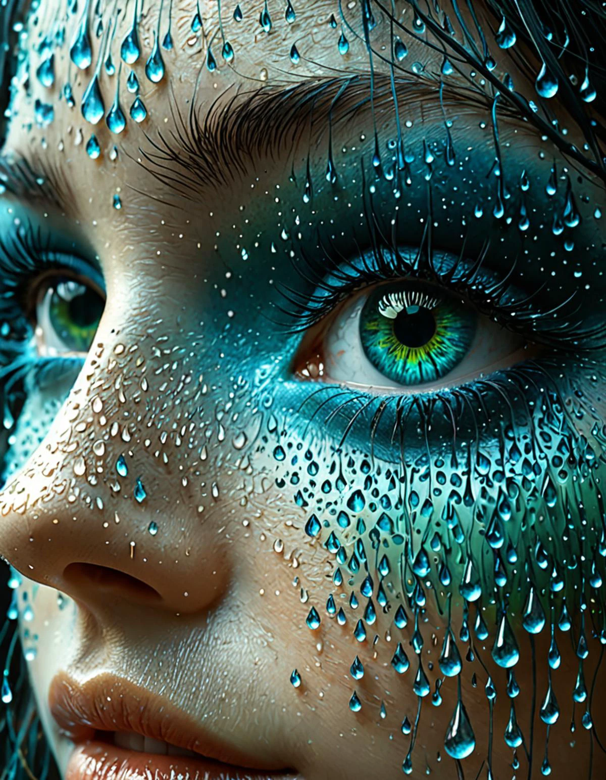 專業3D模型女人眼睛的特寫, 表面形成水滴. 眼睛周围是一个混凝土艺术风格的框架, 與粗體, 蓝色几何图形, 綠色的, 和灰色. 该设计让人想起吉卜力工作室的风格, 带有 zdzislaw beksinski 的超现实主义风格. . 辛烷渲染, 非常詳細, 體積式, 戲劇性的燈光