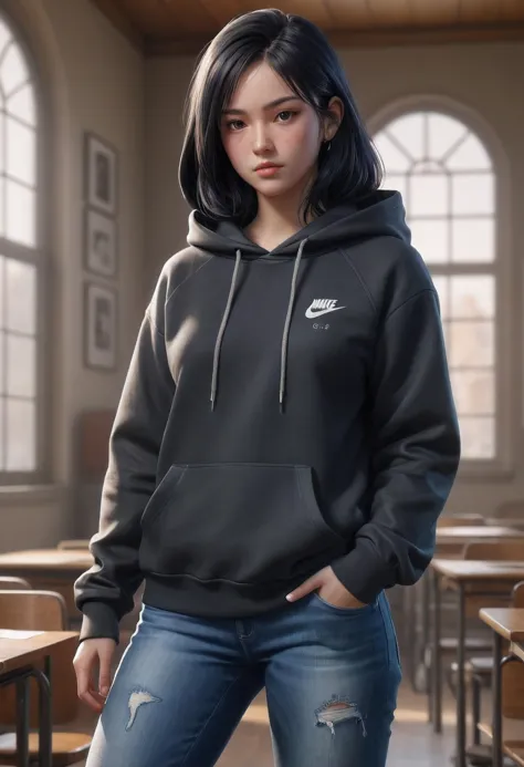 (anime art of cute girl with black hair wearing jeans and a black nike hoodie in school:1.2) by Artgerm, WLOP, Rossdraws, James Jean, Andrei Riabovitchev, Marc Simonetti, Yoshitaka Amano, digital art, concept art, trending on artstation, pencil and ink, dramatic lighting, intricate details, beautiful detail, masterpiece, full body portrait, elegant, 2d, illustration, cinematic, 8k resolution, photorealistic, film still, octane render, HD, unreal engine 5, film key light, intricate, elegant, 8k, award winning, awe inspiring, highly detailed, digital painting, artstation, concept art, smooth, sharp focus, illustration,