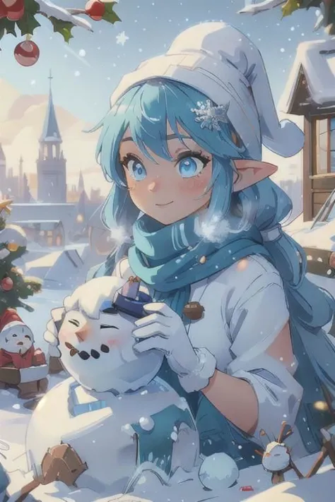 (masterpiece, top quality, best quality, official art, beautiful and aesthetic:1.2),1girl, Christmas elf, blue Christmas costume...
