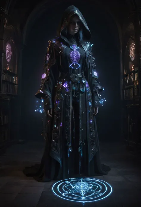 woman, hermeticwizard, mad-hrmtcwzrd, intricately ornate hooded runes, talismans, cyberpunk, (magic circle, dark library:1.4)Full Body Shot of a <lora:Neon_Cyberpunk_SD1.5_Techno_Mages:0.8> glowing purple eyes, masterpiece, best quality, ultra high res, (photorealistic, realistic:1.2), deep shadow, raw photo, film grain, Fujifilm XT3, 8k uhd, dslr