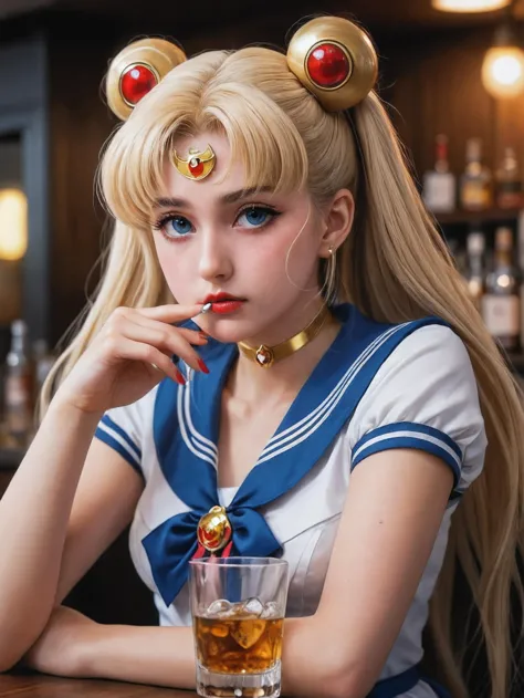 sailor girl with a glass of whiskey and a cigarette