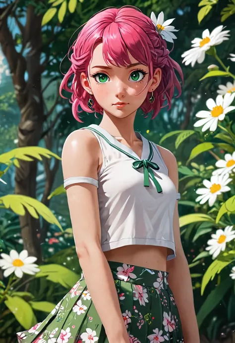 a woman with pink hair and green eyes standing in front of flowers