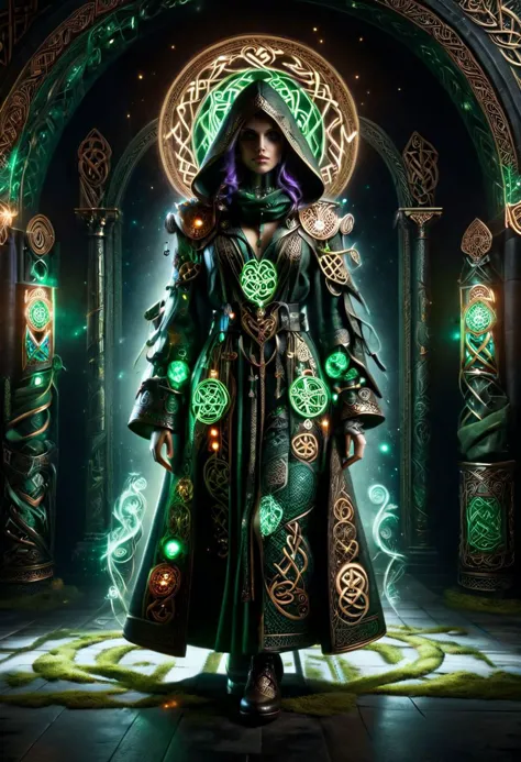 woman, hermeticwizard, mad-hrmtcwzrd, irish celtic saint Patrick, ral-cltc, intricately ornate hooded runes, talismans, (magic circle, dark library:1.4)Full Body Shot, glowing purple eyes, masterpiece, best quality, ultra high res, (photorealistic, realistic:1.2), deep shadow, raw photo, film grain, Fujifilm XT3, 8k uhd, dslr