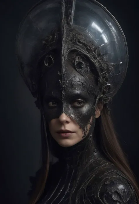 a woman in a black costume with a helmet on her head