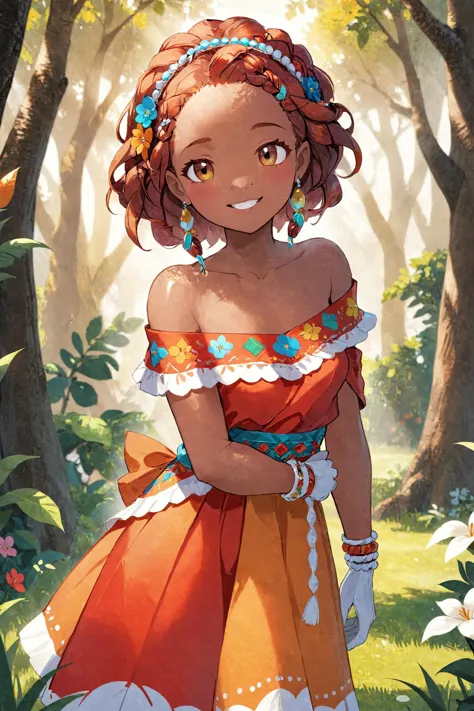 a cartoon girl in a dress standing in a forest