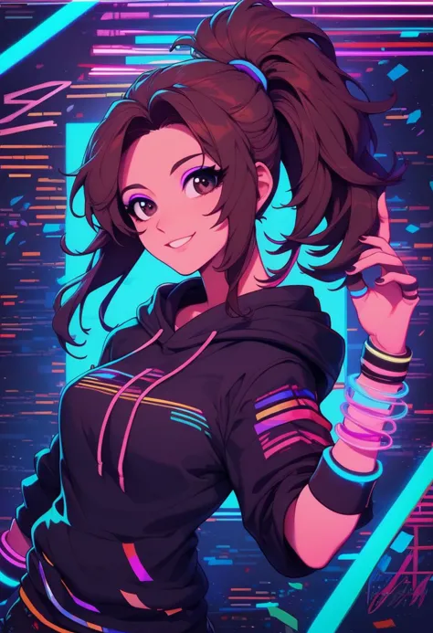 score_9, score_8_up, score_7_up, highly detailed, retrowave, 1girl, brown hair, high ponytail, long black eyelashes, violet eyes...