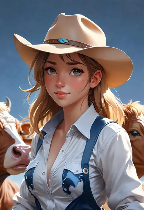 anime girl with a cowboy hat and overalls standing next to a cow