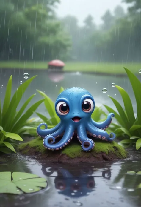 baby octopus, singing near a pond, on a raining day, frogs in the background, in the style of pixar, cuteness overload