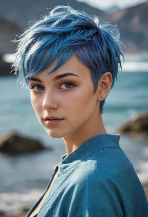 a woman with blue hair and a blue shirt on a beach