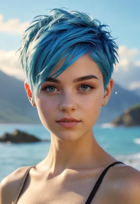 Generate a high-resolution, detailed, and colorful image that captures an 18-year-old girl with an Undercut Pixie hairstyle and water-blue tinted hair. Her youthful energy and vibrant character should be particularly emphasized, making her the radiant centerpiece of the image. The background should depict a captivating landscape or scene that draws the viewer's attention to the girl. Optimize the lighting and composition to make the image particularly appealing and aesthetically pleasing. The image should be a masterful digital painting reminiscent of the quality and style of renowned artists.